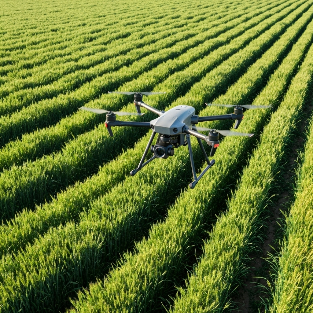 SoilScale autonomous drone flying over green agricultural fields for precision crop monitoring and pest detection