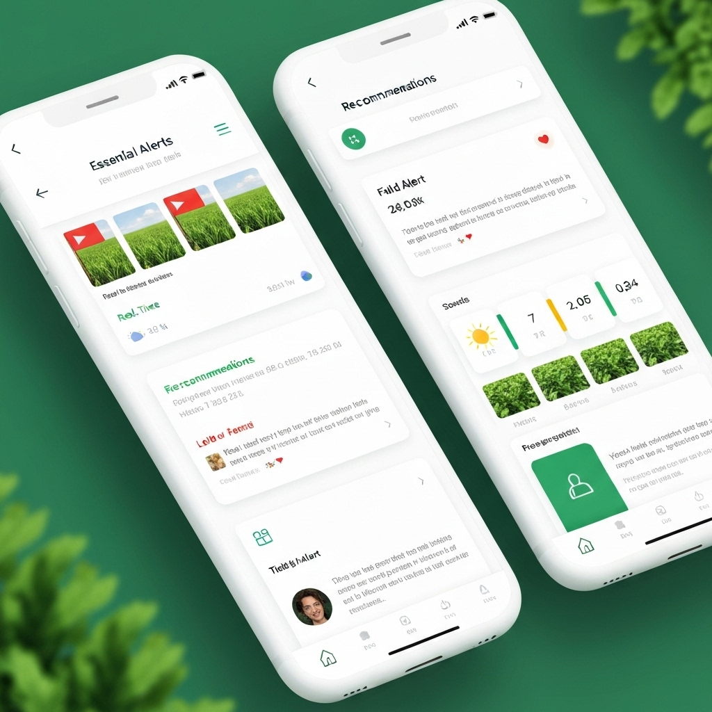 Mobile farming companion app showing field alerts and crop diagnostics